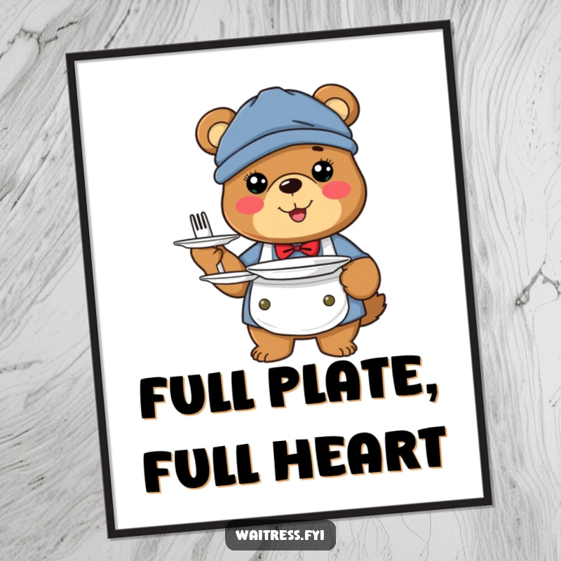 Funny bear server poster featuring a happy bear dressed as a server holding plates.