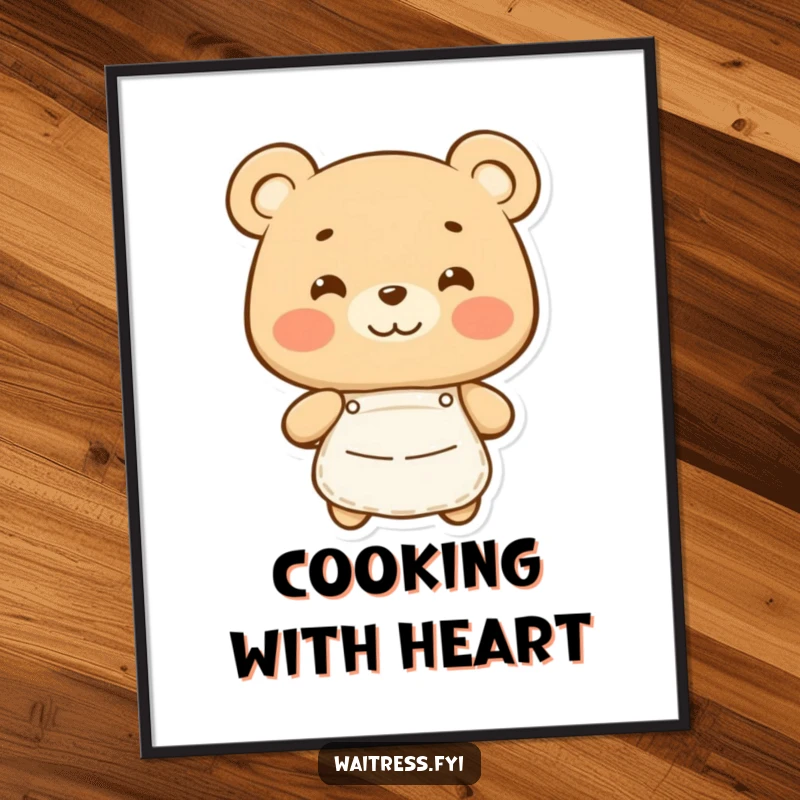 Funny Bear Poster: Happy bear character in an apron, conveying warmth and culinary joy, a great funny gift.