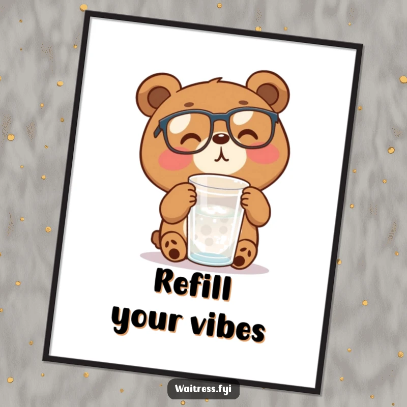 Funny brown bear with glasses actively refills a water glass, bringing a humorous and uplifting vibe to this poster.