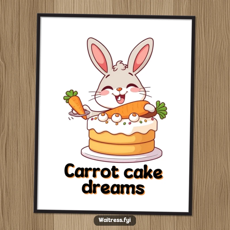 Funny Bunny Baker Poster of a giggling bunny presenting a massive carrot cake with a delightful and theatrical flair.