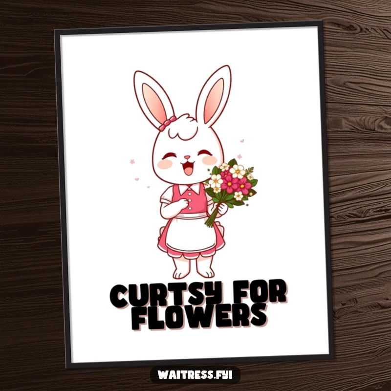 Funny Bunny Waitress Poster: A cheerful bunny waitress presents a flower bouquet with a graceful curtsey, a heartwarming and humorous artwork.