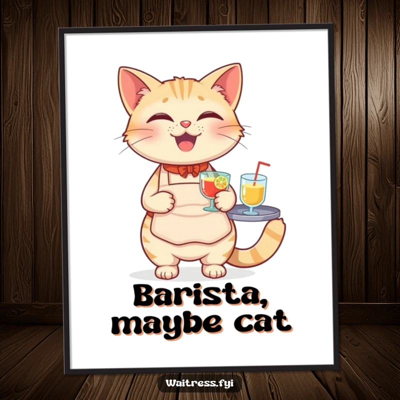 Funny Cat Waiter Poster of a smiling cat in an apron, expertly balancing a tray of drinks.