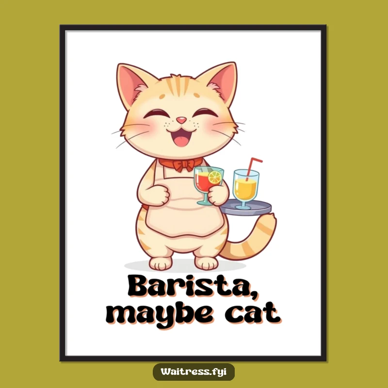 Funny Cat Waiter Poster - Adorable Feline Balancing Drinks, A Charming Wall Art Funny Gift!