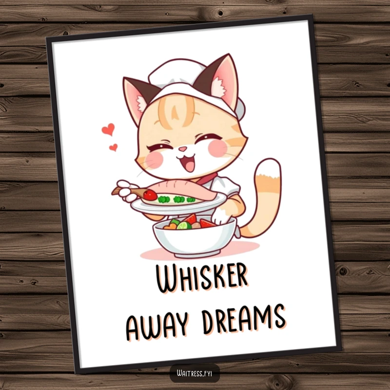 Funny cat waitress poster, winking mischievously while serving fish, adding a humorous touch to wall art.