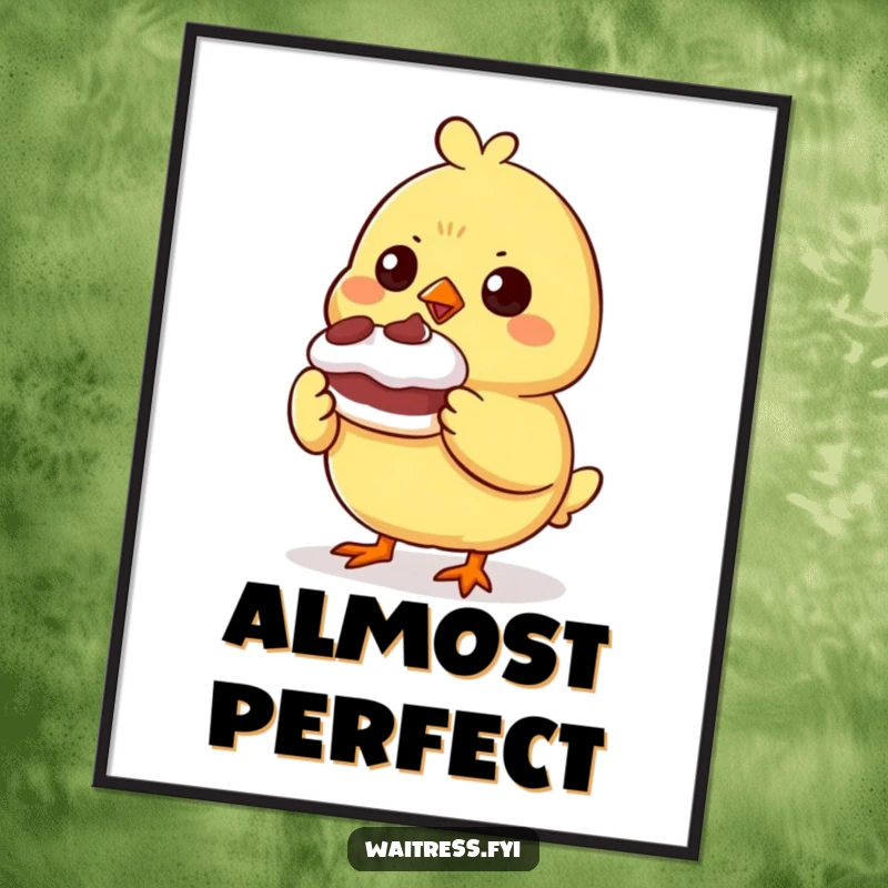 Funny determined chick character presenting a small, wobbly dessert with pride, presented as a poster for kitchen decor.