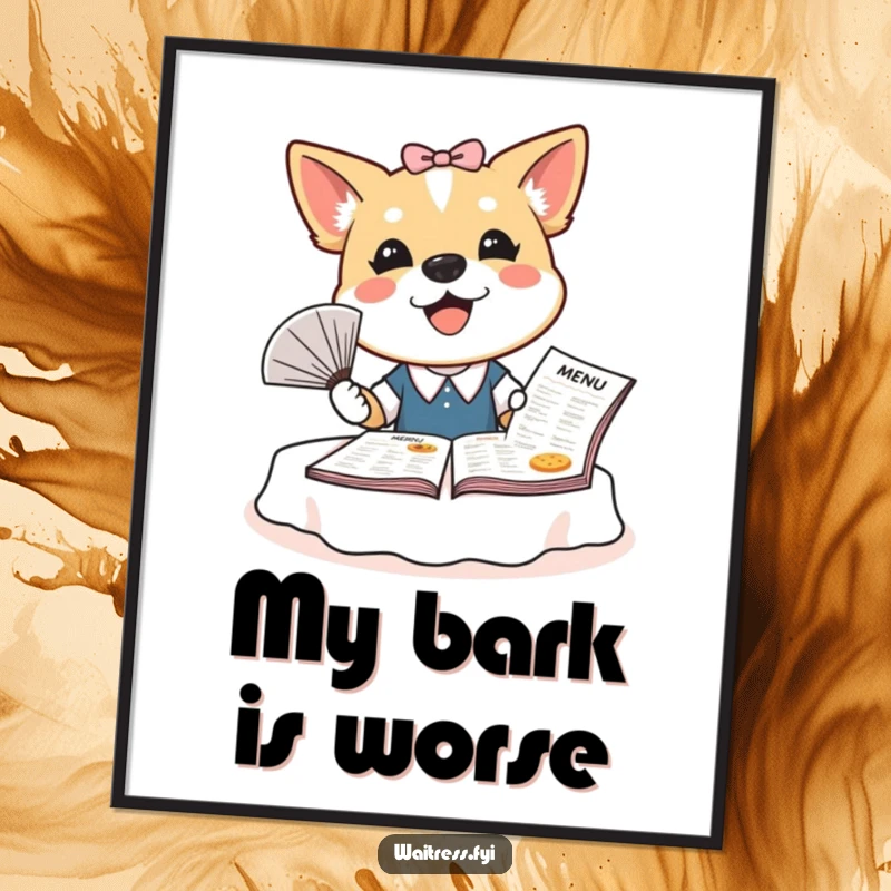 Funny dog waitress poster showing a bubbly dog waitress fanning a large menu with an exaggerated gesture, perfect for wall decor.