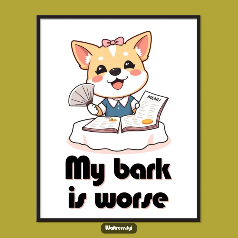 Funny Dog Waitress Poster: Bubbly Canine Menu Fanning Art, Hilarious Wall Decor Gift