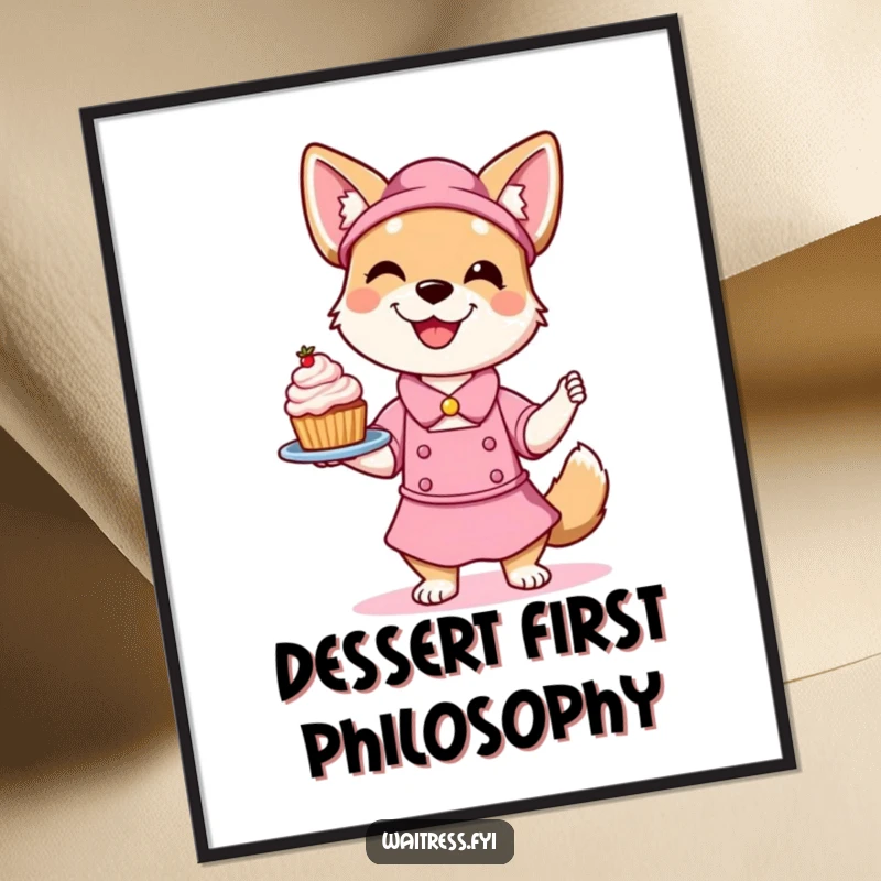 Funny Dog Waitress Poster featuring a smiling dog playfully balancing a delectable dessert, capturing a moment of sweet canine service and humor.
