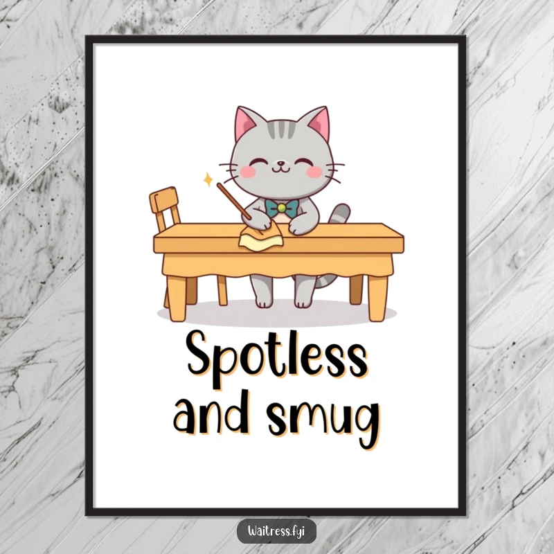 Funny grey cat character with a bow tie, smiling and wiping a table, on a poster, a funny home decor gift.
