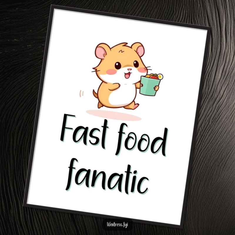 Funny poster art of a hamster speeding with a food order, delivering a dose of humor and energy to any wall.