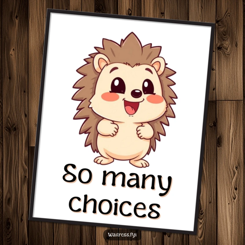 Funny happy hedgehog character with a large menu, looking eager, presented as a poster for kitchen and dining room decor.