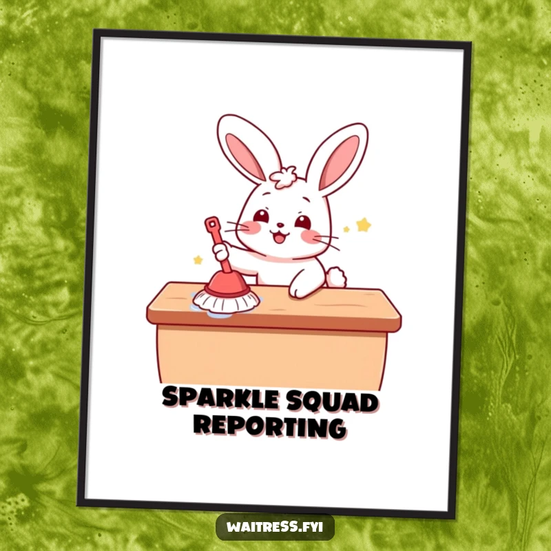 Funny Kawaii Bunny Poster: A vibrant artwork of a cute bunny happily cleaning a surface, adding a cheerful vibe to any wall.