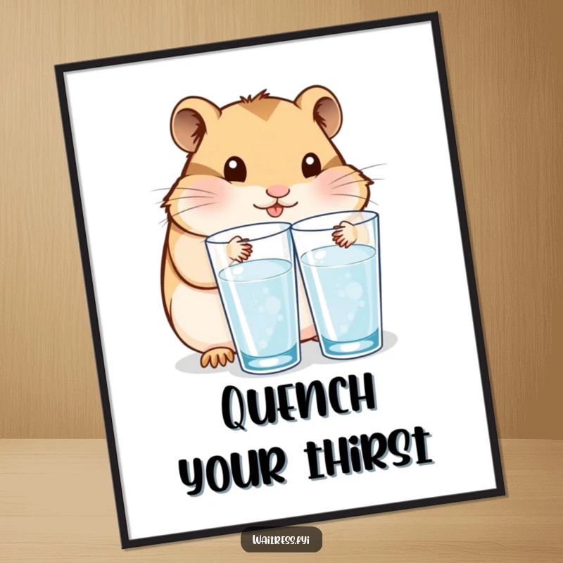Funny art print of a Kawaii hamster carefully refilling water glasses, radiating attentiveness and a sweet service spirit.