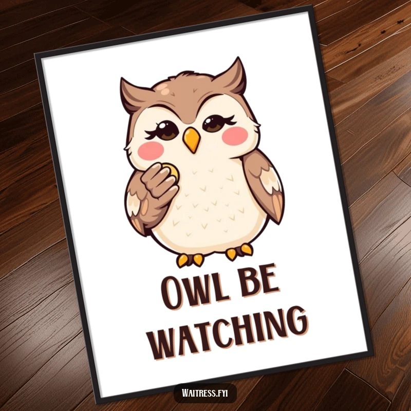 Funny Kawaii Owl Finance Poster: Charming artwork of a wise owl presenting a bill, symbolizing financial humor and shrewdness.