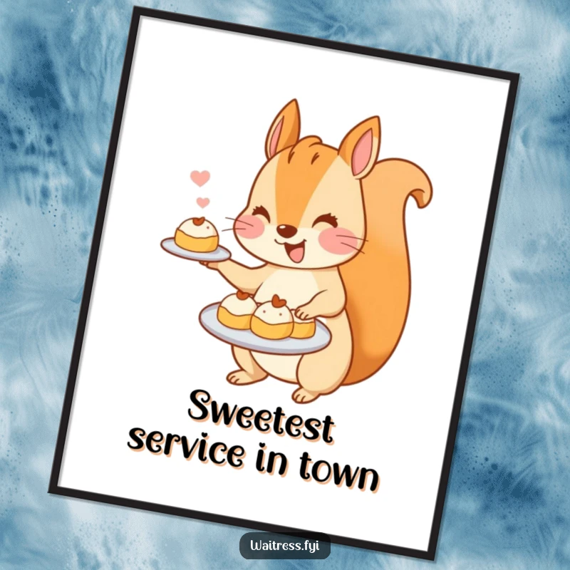 Funny Kawaii Squirrel Poster: An art print of a cute squirrel joyfully offering a platter brimming with tiny, delicious pastries.