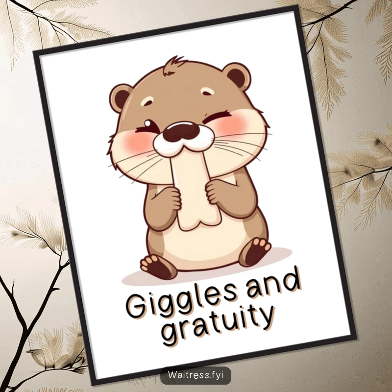 Funny poster of a giggling otter presenting a bill with a knowing wink, perfect for a fun, quirky atmosphere.