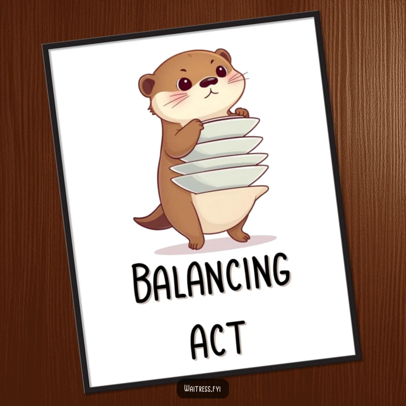 Funny otter poster, a diligent otter balancing a precarious stack of plates with a focused gaze, symbolizing impressive feats and concentration.