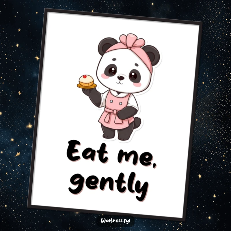 Funny panda waitress poster showing a graceful panda elegantly presenting a single delicate pastry, ideal for adding humorous elegance to wall decor.