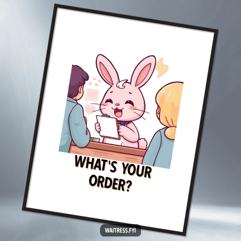 Funny pink rabbit character with a notepad, cheerfully taking an order, on a poster, a funny service industry gift.