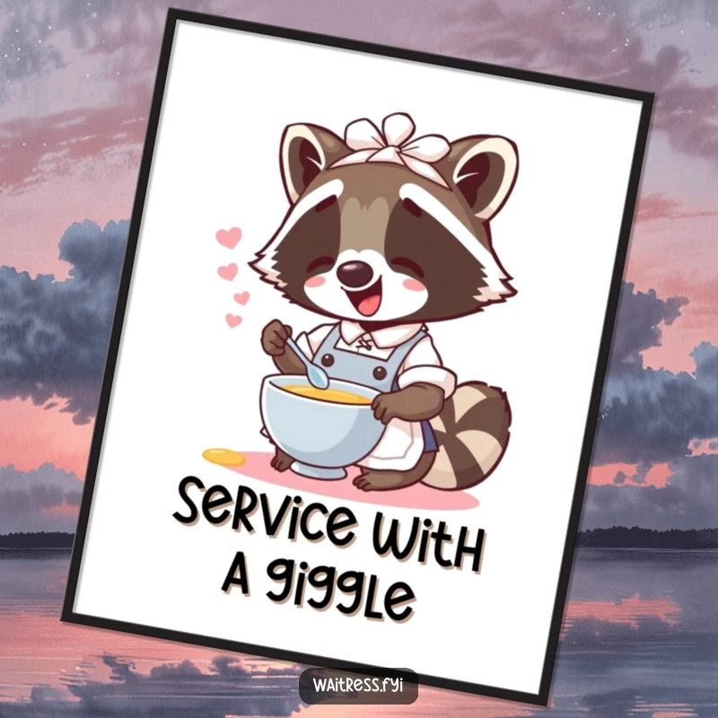 Funny, high-quality poster of a giggling raccoon waitress spilling imaginary soup, adding a touch of humor to any room.