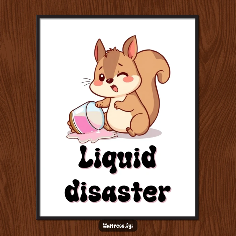 Funny poster art of a startled squirrel spilling a drink, creating a humorous and chaotic scene for any wall.