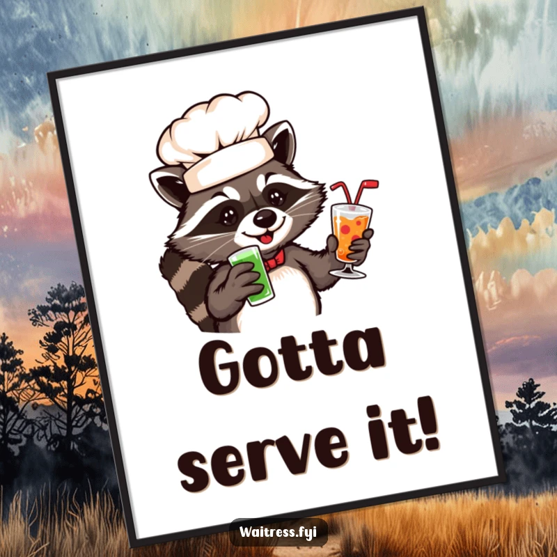 Funny raccoon chef poster featuring a playful raccoon in a chef hat serving drinks.