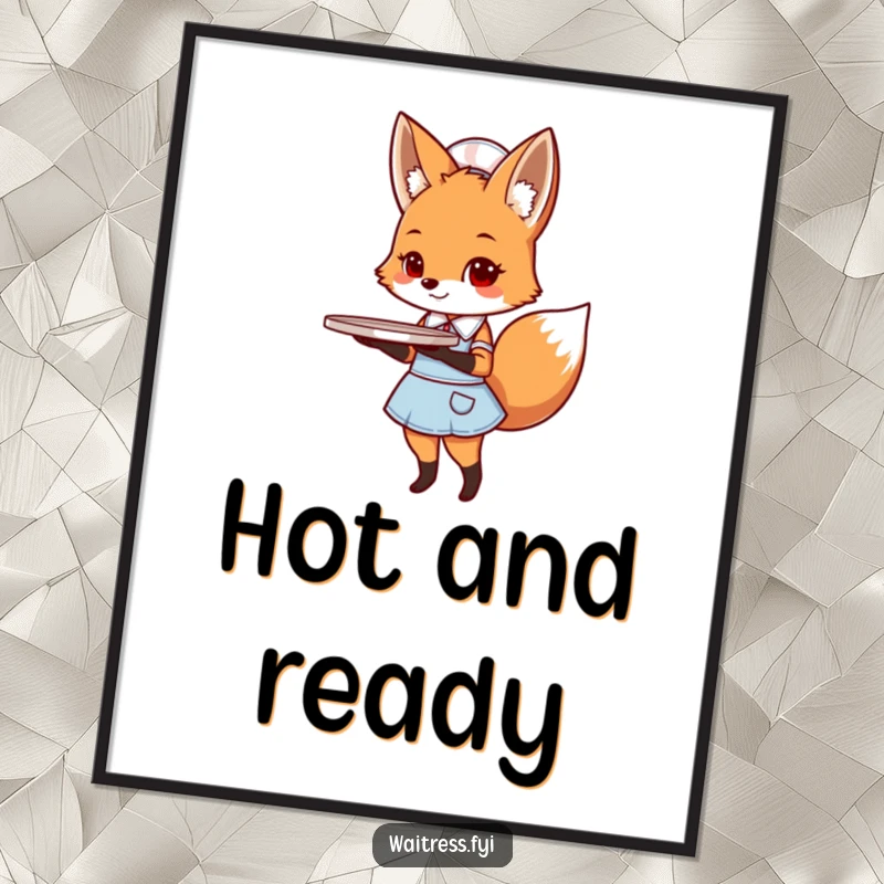 Funny fox diner poster featuring a cute fox in a diner uniform holding a tray, vintage style.