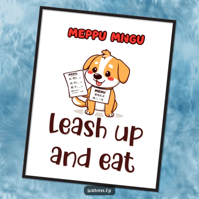 Funny dog waiter poster showing a cheerful cartoon pug wearing a bow tie, presenting a menu with wide, happy eyes and a nametag.