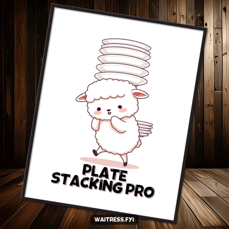 Funny Sheep Plate Struggle Poster showing a fluffy sheep character adorably struggling to carry a very tall stack of plates, a comical display.