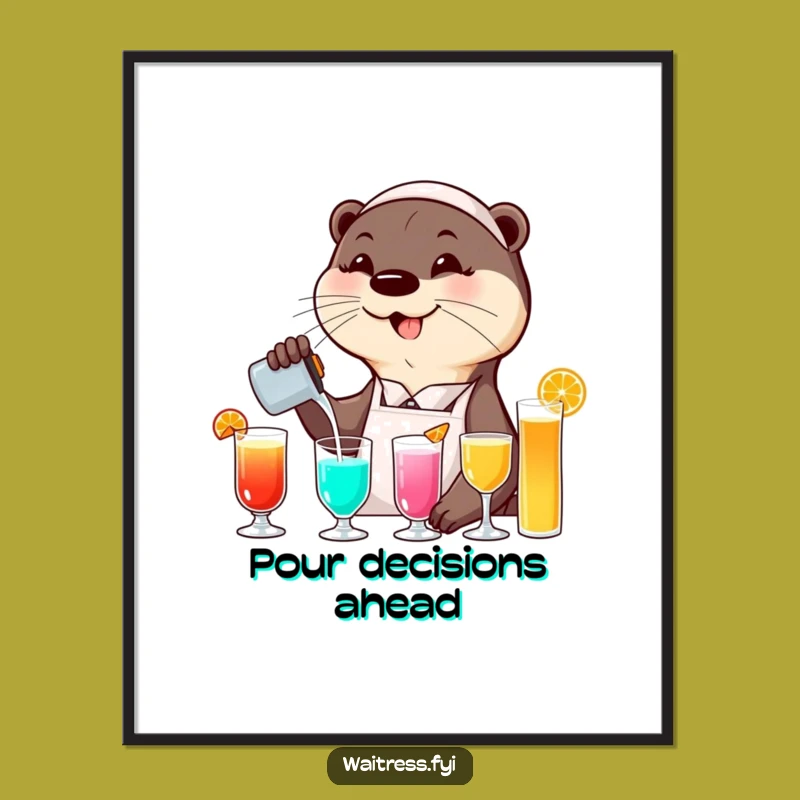 Funny Otter Waitress Poster: Cheerful Drink Pouring Art, Hilarious Wall Decor Gift