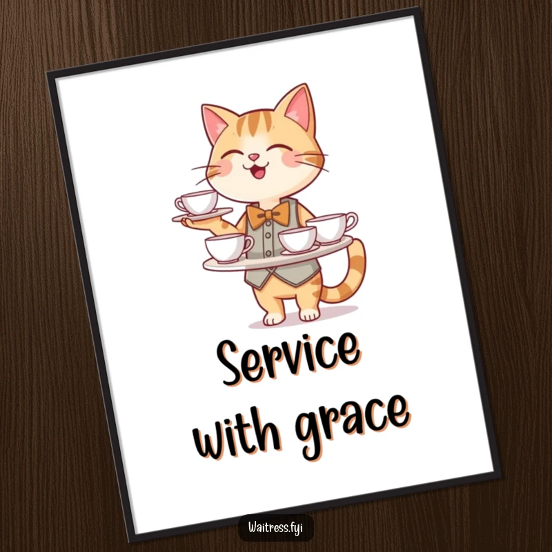 Funny Cat Waiter Poster: A happy cat waiter character in a bowtie expertly balances a tray filled with delicate teacups.