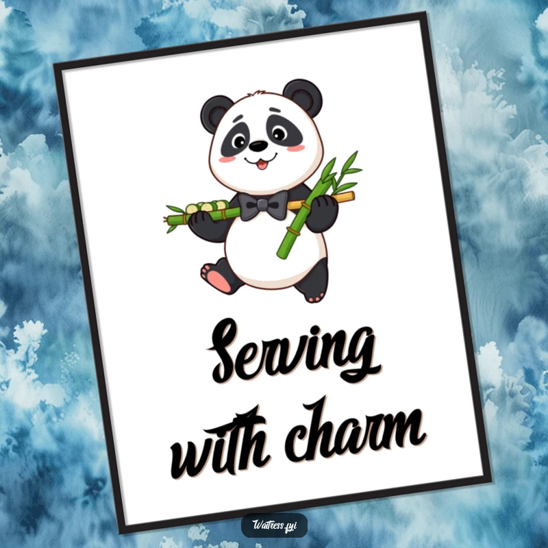 Funny Panda Bamboo Poster illustrating a friendly panda in a bowtie holding bamboo shoots, perfect for adding gentle humor to walls.
