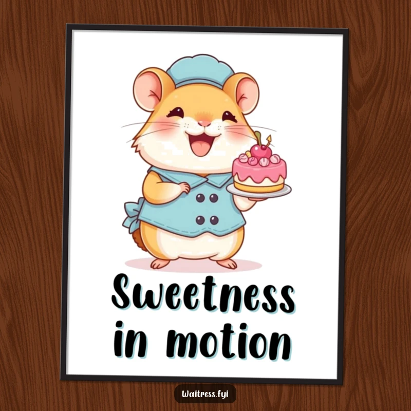 Funny Hamster Waitress Poster: Depicts a perky hamster gleefully presenting a tiny, decorated cake, radiating happiness and fun.