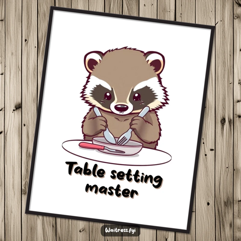 Funny Kawaii Badger Poster: An art print illustrating a kawaii badger carefully arranging cutlery with focused precision.