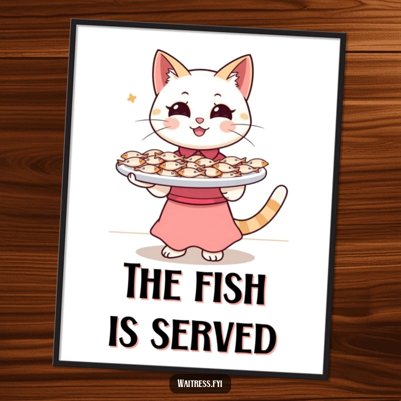Funny Cat Waitress Poster: A happy cat waitress balancing a tray full of tiny fish, capturing a moment of dedicated service and humor.