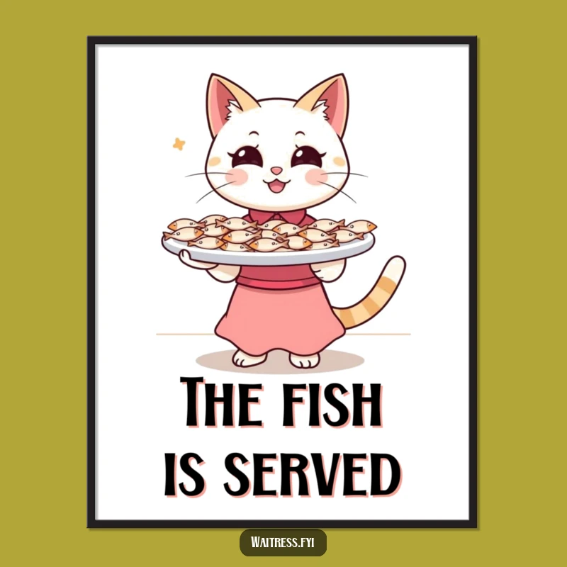 Funny Cat Waitress Poster: Fish Tray Art - Hilarious Decor Gift Idea for Cat Cafes