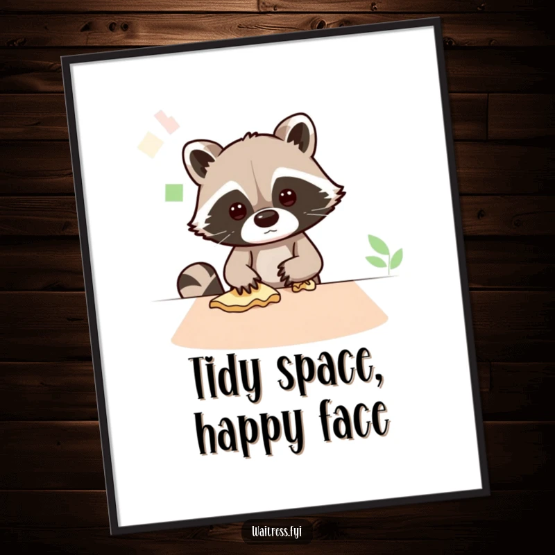 Funny art print of a Kawaii raccoon diligently wiping a table, radiating industriousness and a love for cleanliness.
