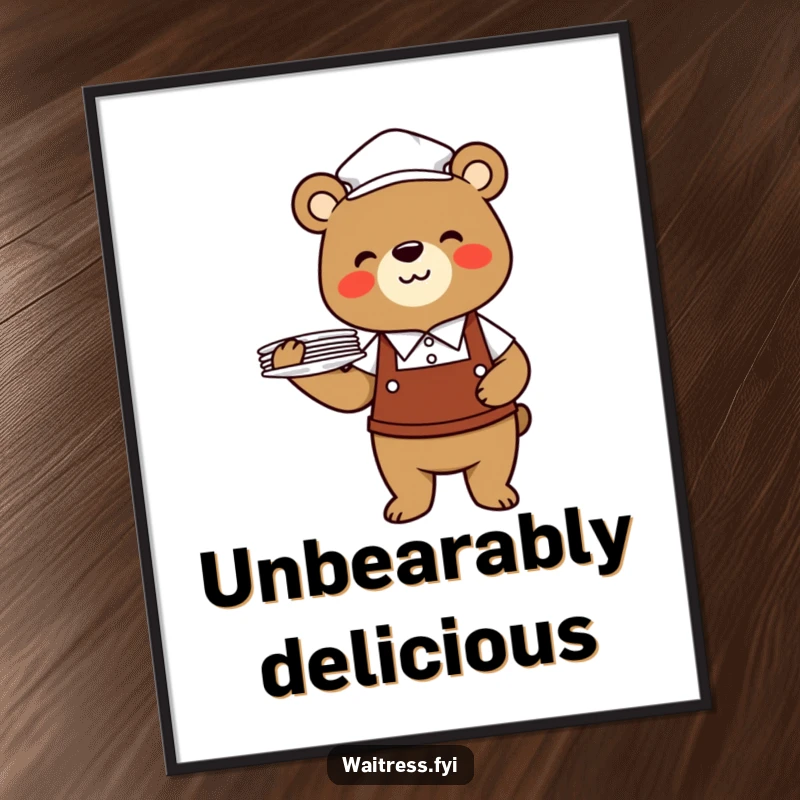 Funny bear waiter poster depicting a cheerful bear in a waiter uniform, holding a stack of items.
