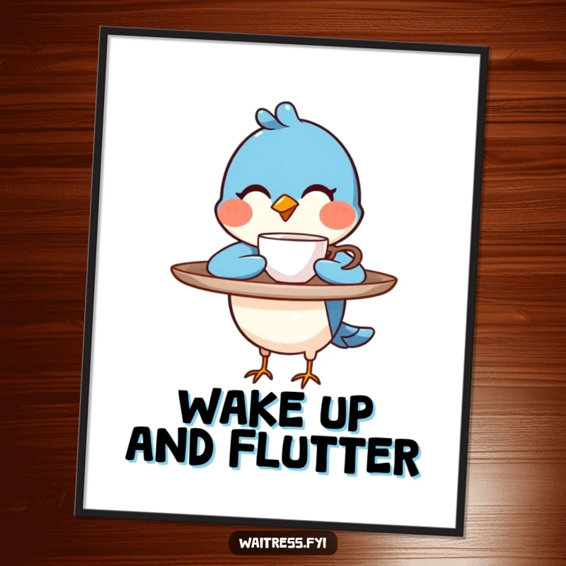 Funny blue bird character balancing a tray, winking as it presents a steaming cup on a poster, a funny coffee gift.