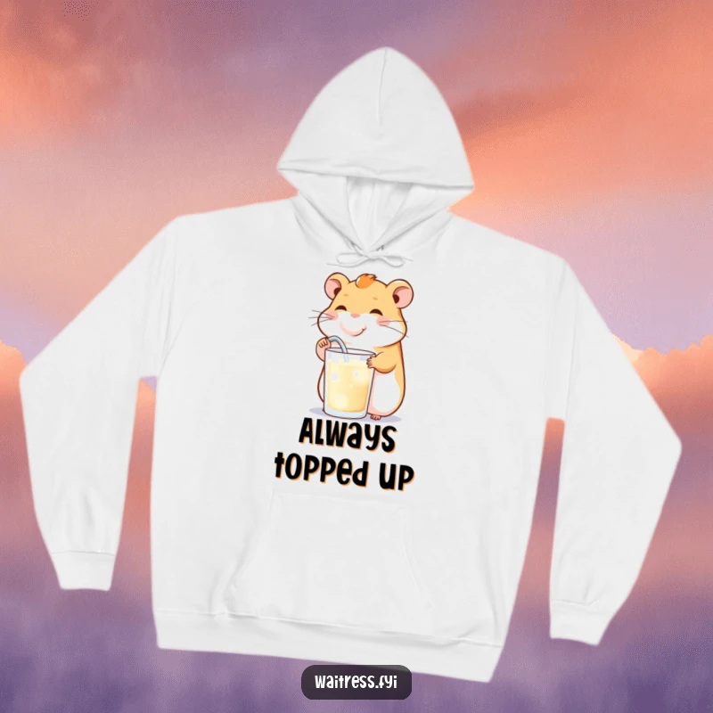 Funny hoodie featuring a happy hamster cheekily refilling a drink, embodying cheerful service and cozy warmth.