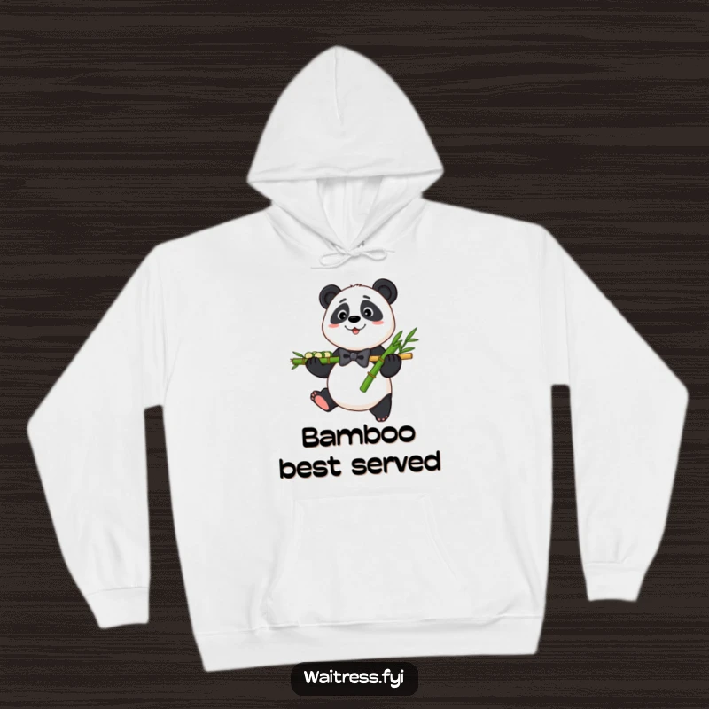 Funny Panda Bamboo Hoodie showing a friendly panda in a bowtie serving bamboo, perfect for cozy, humorous wear.
