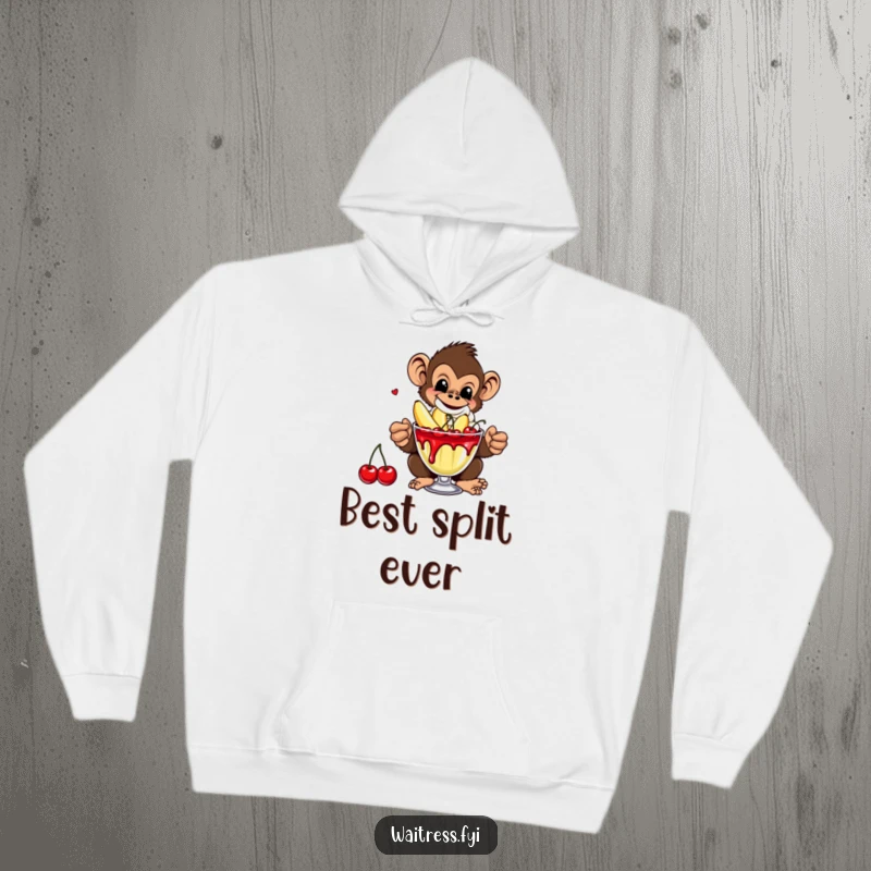 Funny Monkey Banana Hoodie showing a mischievous monkey serving a banana split, perfect for cozy, humorous wear.