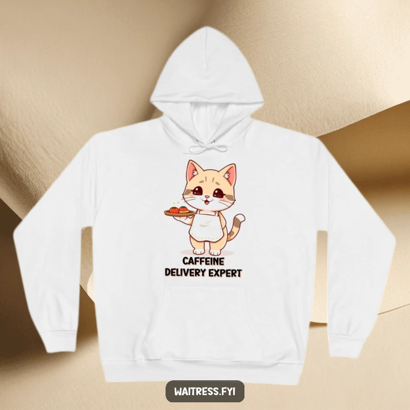 Funny Kawaii cat waiter hoodie featuring an adorable cat in an apron balancing a food tray, ideal for warmth and humor.