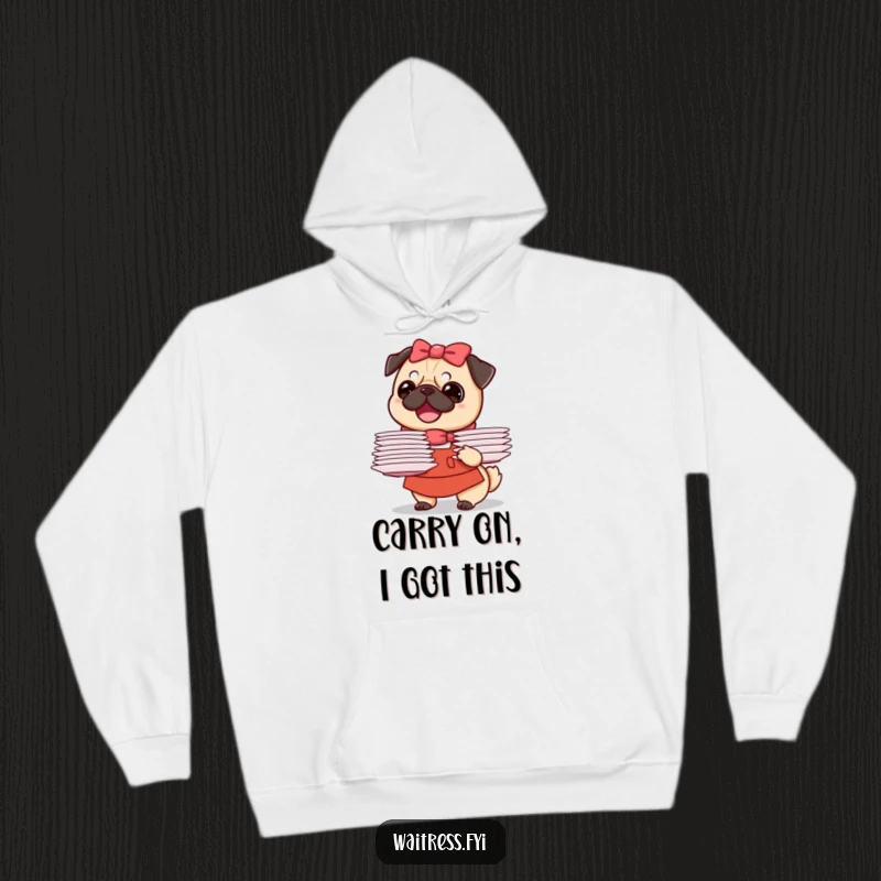 Funny Pug Waitress Hoodie featuring a joyful pug juggling an impressive stack of plates, embodying cheerful service and cute dog humor.