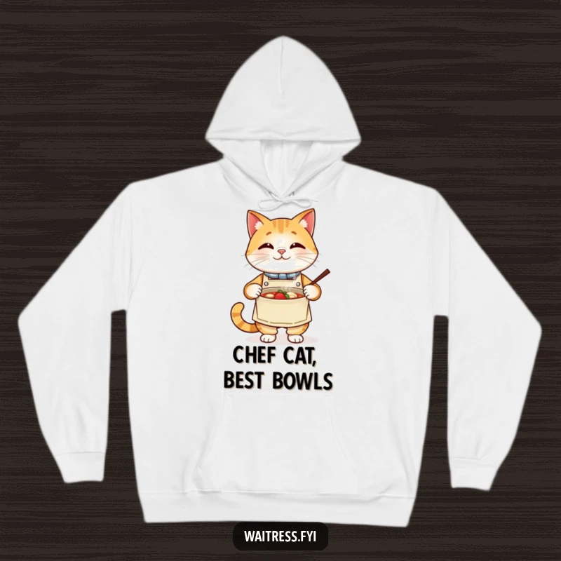Funny cat chef hoodie, a proud cat wearing an apron presents a steaming bowl, looking accomplished. Cozy and humorous apparel.