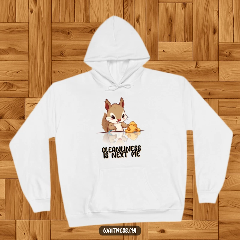 Funny squirrel hoodie print of a focused squirrel with a cloth, expertly cleaning a table, funny and cozy.