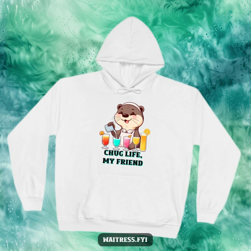 Funny otter waitress hoodie featuring a smiling otter pouring colorful drinks with a flourish, offering warmth and a touch of bar-themed humor.