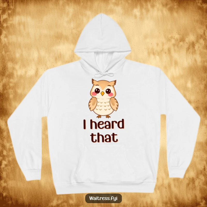 Funny Owl Listener Hoodie with a cheerful owl character attentively listening to a customer with a knowing smile, offering silent support and comfort.
