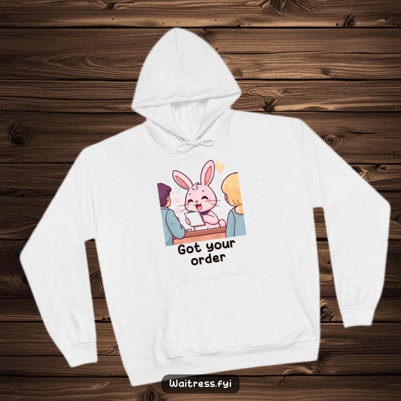 Funny pink rabbit character with a notepad, cheerfully taking an order, on a hoodie, a hilarious service gift.