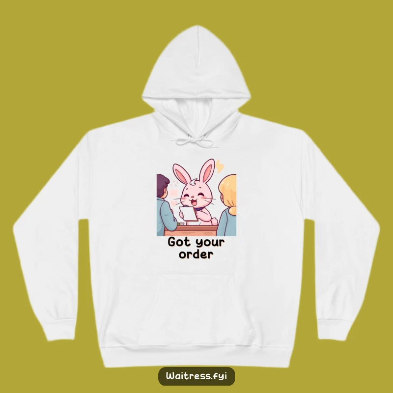 Cozy Funny Pink Rabbit Order Taker Hoodie: Stay Warm With Cheerful Service Style